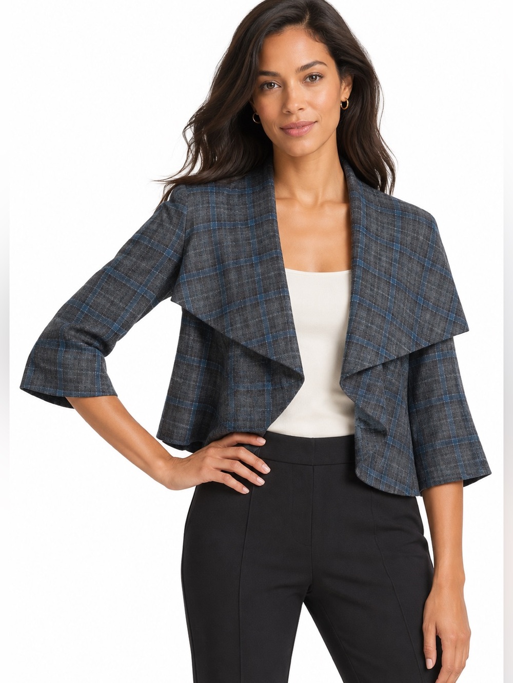 Cabi Court Jacket Gray Teal Plaid Blazer Cape Size 10 Dark Academia Equestrian